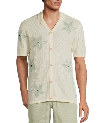 Rowm Outsider's Oasis Short Sleeve Jacquard Flower Button Front Sweater Knit Shirt
