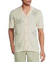 Rowm Outsider's Oasis Short Sleeve Jacquard Flower Button Front Sweater Knit Shirt