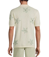Rowm Outsider's Oasis Short Sleeve Jacquard Flower Button Front Sweater Knit Shirt