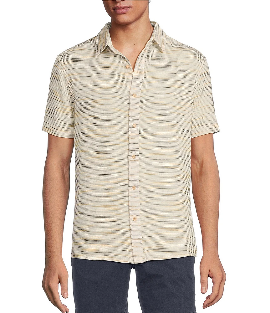 Rowm Outsider's Oasis Short Sleeve Space Dyed Textured Horizontal Striped Shirt