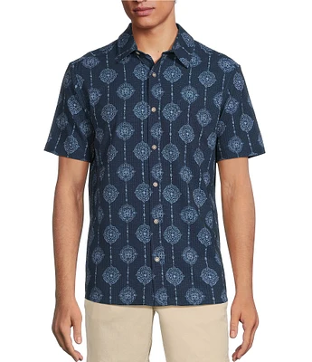 Rowm Performance Rec + Relax Short Sleeve Line Medallion Print Textured Shirt