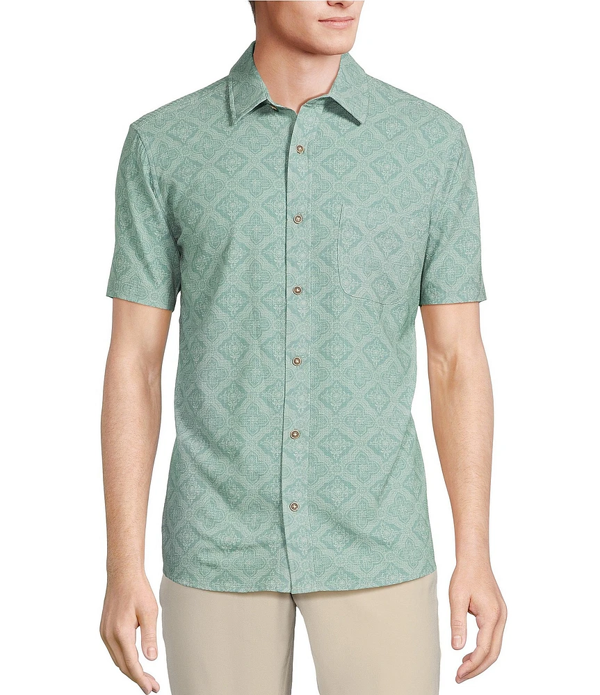 Rowm Performance Rec + Relax Short Sleeve Medallion Print Seersucker Shirt