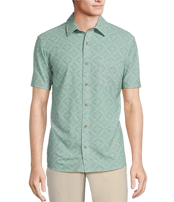 Rowm Performance Rec + Relax Short Sleeve Medallion Print Seersucker Shirt