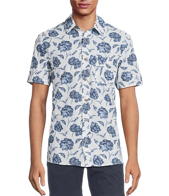 Rowm Performance Rec + Relax Short Sleeve Sketch Floral Print Textured Shirt