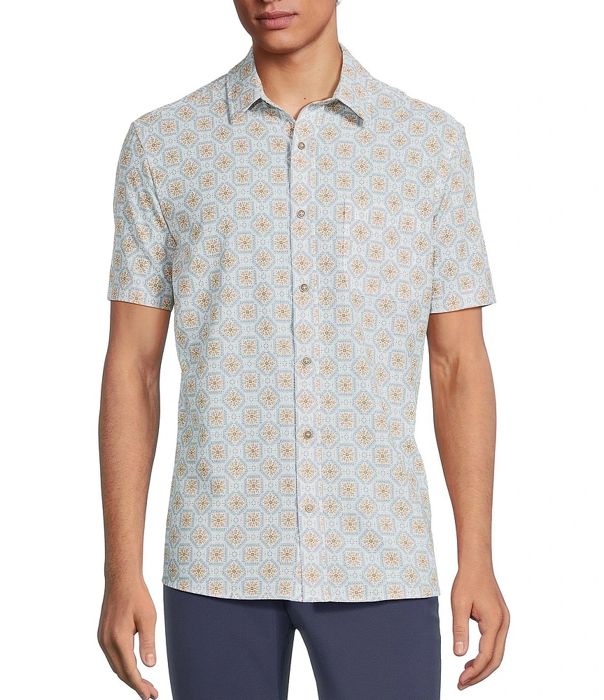 Rowm Performance Rec + Relax Short Sleeve Tile Print Textured Shirt