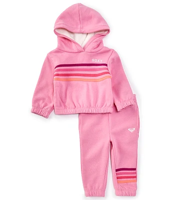 Roxy Baby Girls 12-24 Months Long Sleeve Chest-Stripe Fleece Hoodie & Stripe-Detailed Fleece Jogger Pant Set