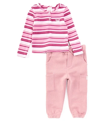 Roxy Baby Girls 12-24 Months Long Sleeve Horizontal-Striped T-Shirt & Solid Cargo-Pocket Jogger Pant Set