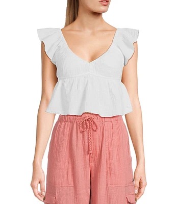 Roxy Brisa Flutter Sleeve Woven Peplum Crop Top