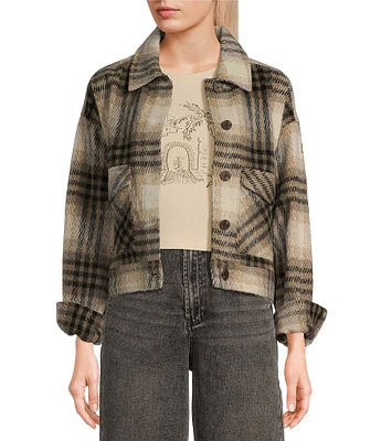 Roxy Long Sleeve Township Dark Plaid Wool Blend Cropped Shacket