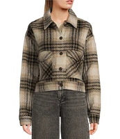 Roxy Long Sleeve Township Dark Plaid Wool Blend Cropped Shacket