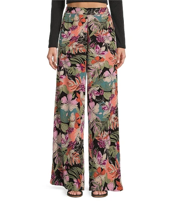 Roxy Midnight Avenue Mid Rise Tropical Floral Print Palazzo Pants