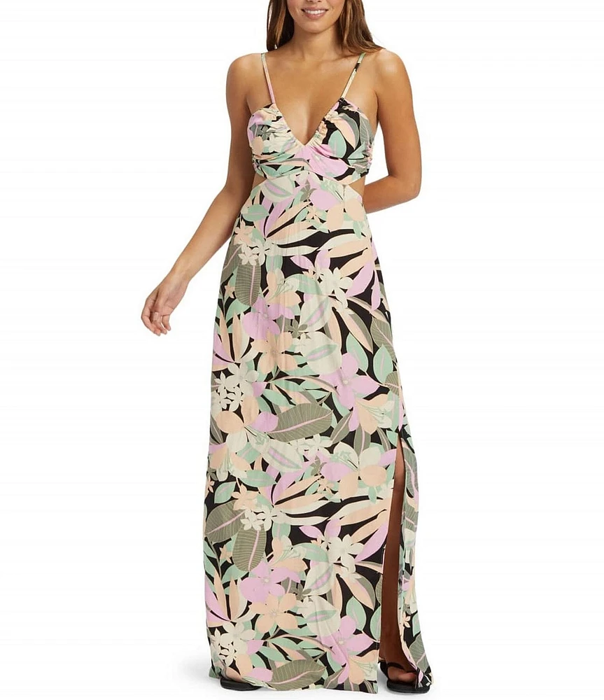 Roxy Riviera Nights Tropical Print Tie Back Side Slit Maxi Dress