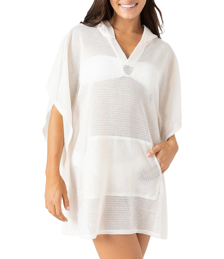 Roxy Solid Crochet Hoodie Neck Poncho Swim Cover-Up