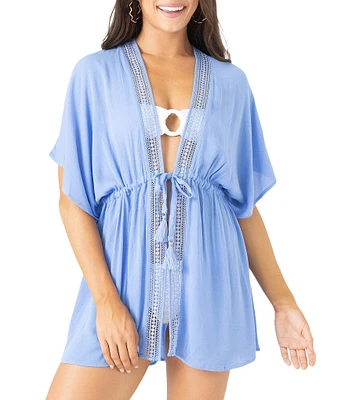 Roxy Sun Kiss Lace Trim Tie Waist Kimono Swim Cover-Up