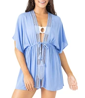 Roxy Sun Kiss Lace Trim Tie Waist Kimono Swim Cover-Up