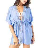 Roxy Sun Kiss Lace Trim Tie Waist Kimono Swim Cover-Up
