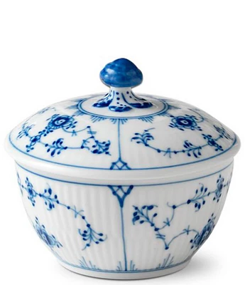 Royal Copenhagen Blue Fluted Plain Floral Pattern Motif Porcelain Sugar Bowl with Lid