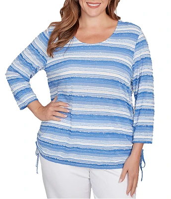Ruby Rd. Plus Size Yarn-Dyed Eyelash Stripe Scoop Neck 3/4 Sleeve Adjustable Side Ties Top