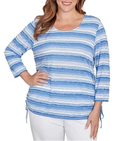 Ruby Rd. Plus Size Yarn-Dyed Eyelash Stripe Scoop Neck 3/4 Sleeve Adjustable Side Ties Top
