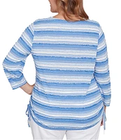 Ruby Rd. Plus Size Yarn-Dyed Eyelash Stripe Scoop Neck 3/4 Sleeve Adjustable Side Ties Top