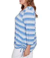 Ruby Rd. Plus Size Yarn-Dyed Eyelash Stripe Scoop Neck 3/4 Sleeve Adjustable Side Ties Top