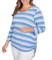 Ruby Rd. Plus Size Yarn-Dyed Eyelash Stripe Scoop Neck 3/4 Sleeve Adjustable Side Ties Top