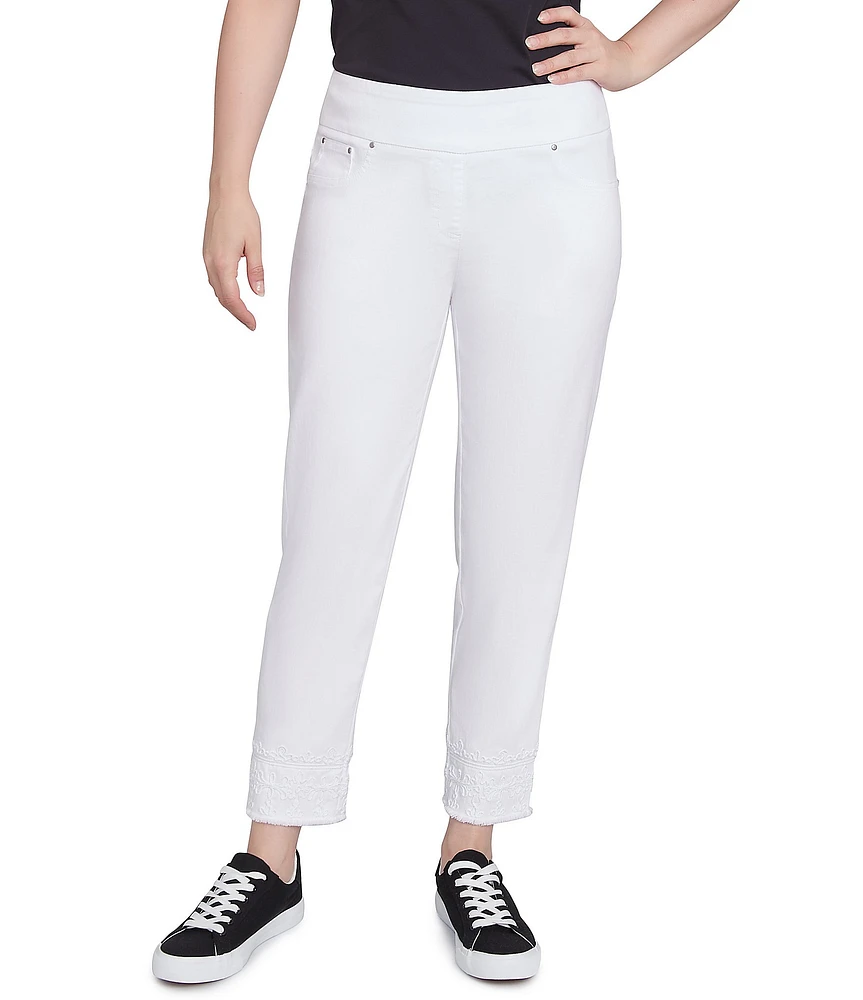 Ruby Rd. Straight Leg Embroidered Frayed Hem Pull-On Ankle Pants