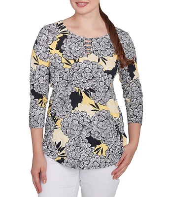 Ruby Rd. Abstract Floral Dahlia Knit Crew Neck 3/4 Sleeve Top