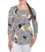 Ruby Rd. Abstract Floral Dahlia Knit Crew Neck 3/4 Sleeve Top