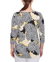 Ruby Rd. Abstract Floral Dahlia Knit Crew Neck 3/4 Sleeve Top
