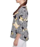 Ruby Rd. Abstract Floral Dahlia Knit Crew Neck 3/4 Sleeve Top