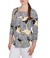 Ruby Rd. Abstract Floral Dahlia Knit Crew Neck 3/4 Sleeve Top