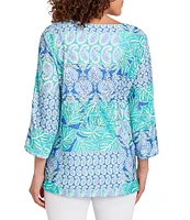 Ruby Rd. Allover Eyelet Printed Scalloped Lace V-Neck 3/4 Criss-Cross Sleeve Top