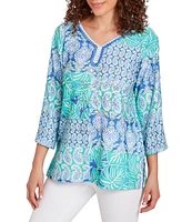 Ruby Rd. Allover Eyelet Printed Scalloped Lace V-Neck 3/4 Criss-Cross Sleeve Top