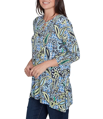 Ruby Rd. Balinese Ikat Print Knit Crew Neck Lace Up Front Placket 3/4 Sleeve Top