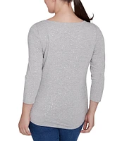 Ruby Rd. Boat Neck 3/4 Sleeve Embellished Glitter Knit Top