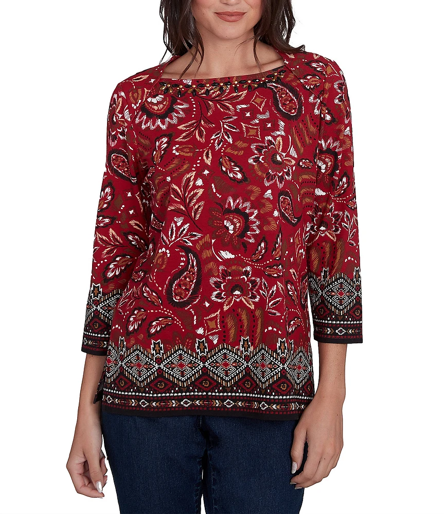 Ruby Rd. Paisley Border Print Embellished Boat Neck 3/4 Sleeve Knit Top