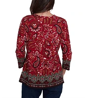 Ruby Rd. Paisley Border Print Embellished Boat Neck 3/4 Sleeve Knit Top