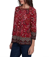 Ruby Rd. Paisley Border Print Embellished Boat Neck 3/4 Sleeve Knit Top