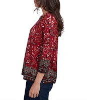 Ruby Rd. Paisley Border Print Embellished Boat Neck 3/4 Sleeve Knit Top