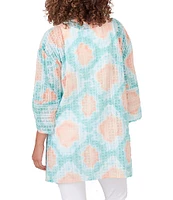 Ruby Rd. Car Diamond Sheer Knit Printed 3/4 Sleeve Patch Pocket Open-Front Cardigan