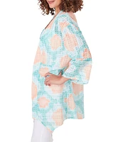 Ruby Rd. Car Diamond Sheer Knit Printed 3/4 Sleeve Patch Pocket Open-Front Cardigan
