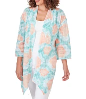 Ruby Rd. Car Diamond Sheer Knit Printed 3/4 Sleeve Patch Pocket Open-Front Cardigan
