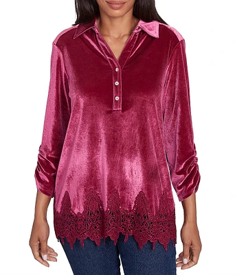 Ruby Rd. Collared V-Neck 3/4 Ruched Sleeve Lace Trim Velvet Blouse