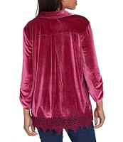 Ruby Rd. Collared V-Neck 3/4 Ruched Sleeve Lace Trim Velvet Blouse