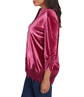 Ruby Rd. Collared V-Neck 3/4 Ruched Sleeve Lace Trim Velvet Blouse