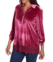 Ruby Rd. Collared V-Neck 3/4 Ruched Sleeve Lace Trim Velvet Blouse