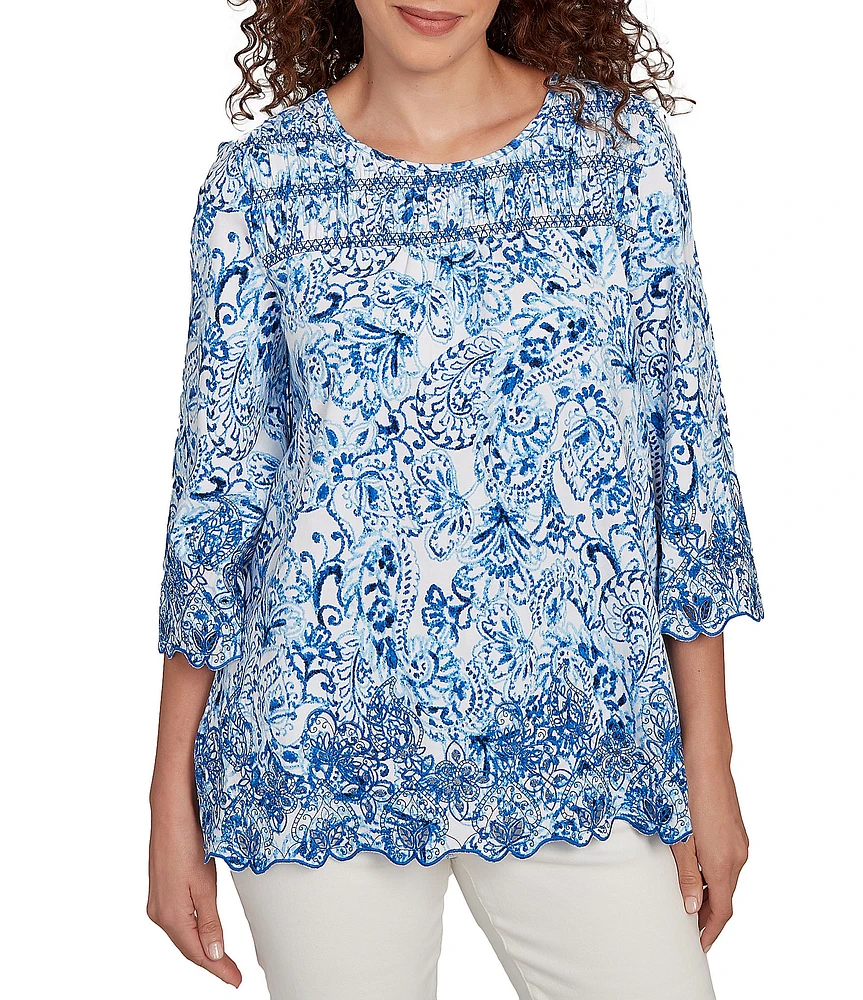 Ruby Rd. Cotton-Blend Embroidered Printed Scoop Neck 3/4 Sleeve Top