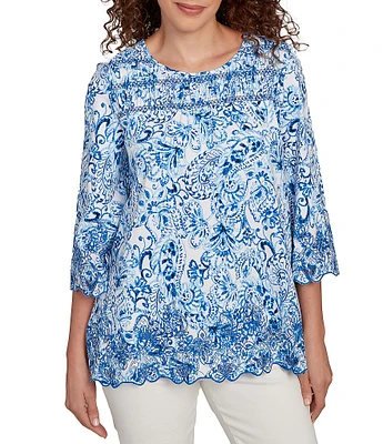 Ruby Rd. Cotton-Blend Embroidered Printed Scoop Neck 3/4 Sleeve Top