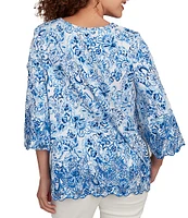 Ruby Rd. Cotton-Blend Embroidered Printed Scoop Neck 3/4 Sleeve Top